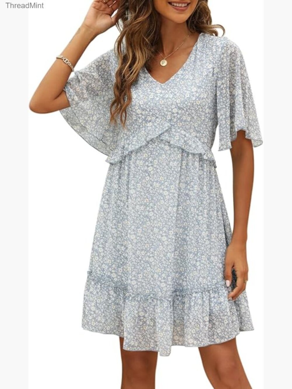 Chiffon Floral Print V-Neck Mini Dress Ruffle Hem Casual Boho Swing